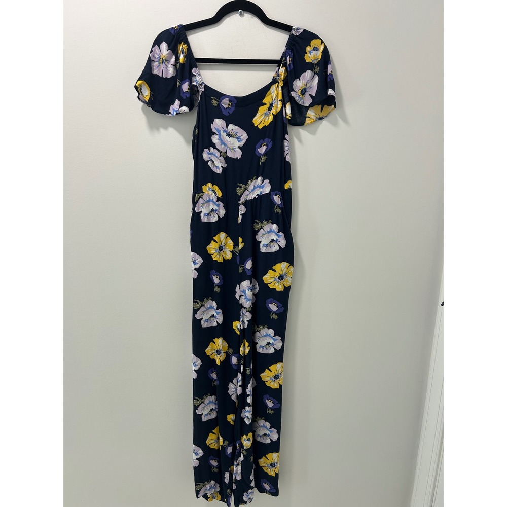 LOFT Outlet Navy Blue Floral Wide Leg Jumpsuit XS Smocked Back Pockets Rayon